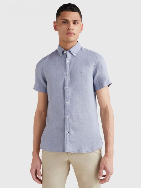 Tommy Hilfiger overhemd MW0MW23395DY5 - heren Tommy Hilfiger PIGMENT DYED LI SF SHIRT S/S Daybreak Blue